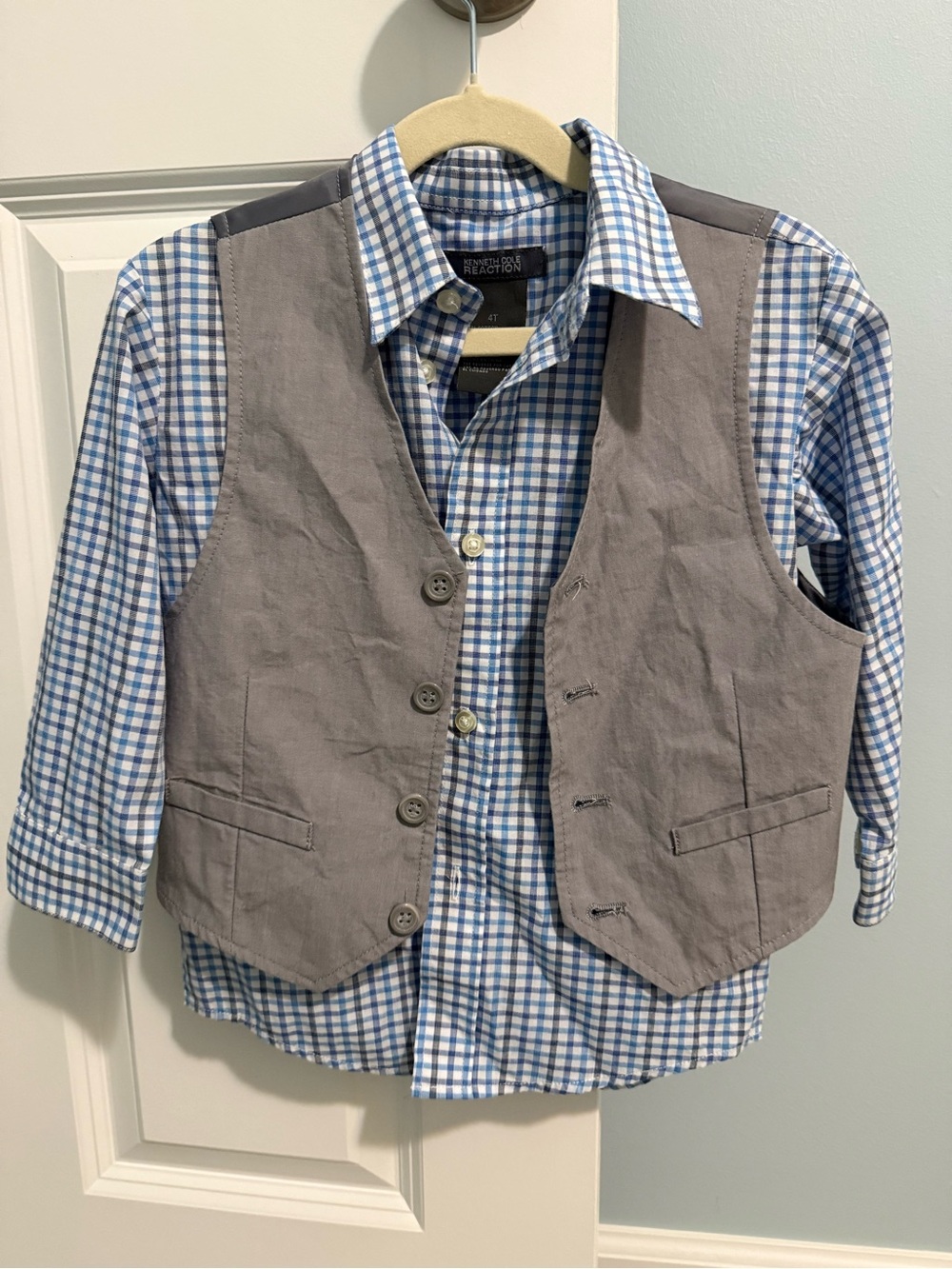 Kenneth Cole Reaction Boy’s Gray Vest with Blue Plaid Shirt